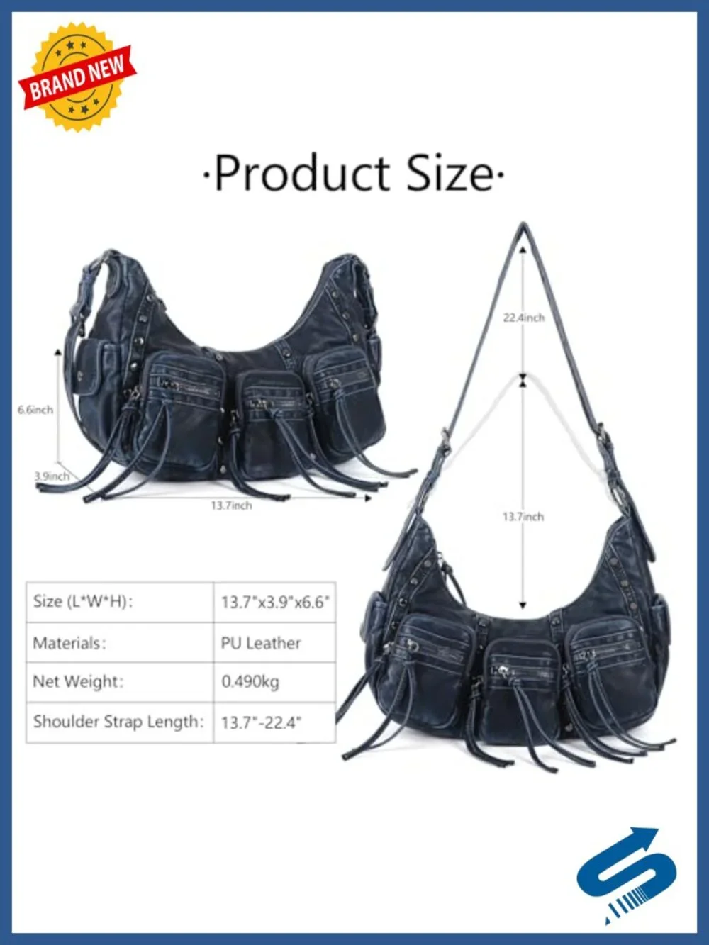 Y2K Hobo Bag with Multi Pockets Vegan Leather Studded Satchel Crossbody